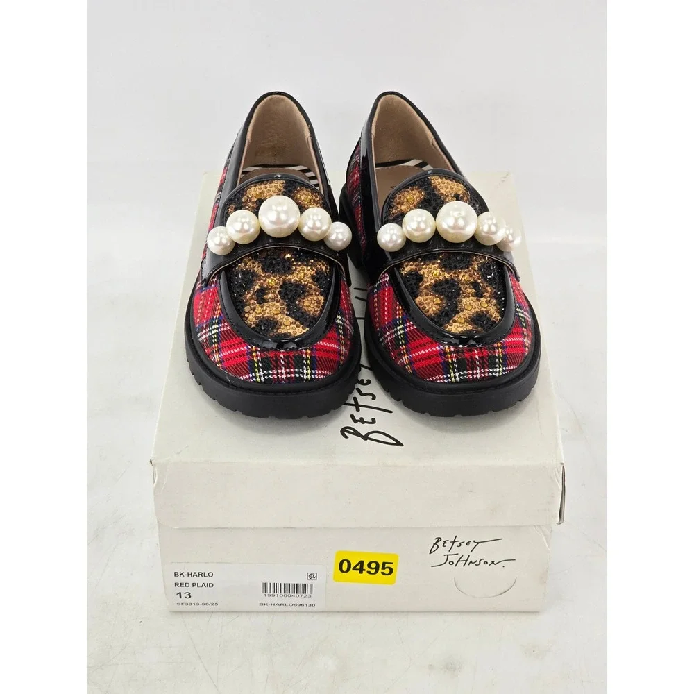 Betsey Johnson Harlo Loafers Kids 13 Red Plaid Leopard Pearl - Excellent